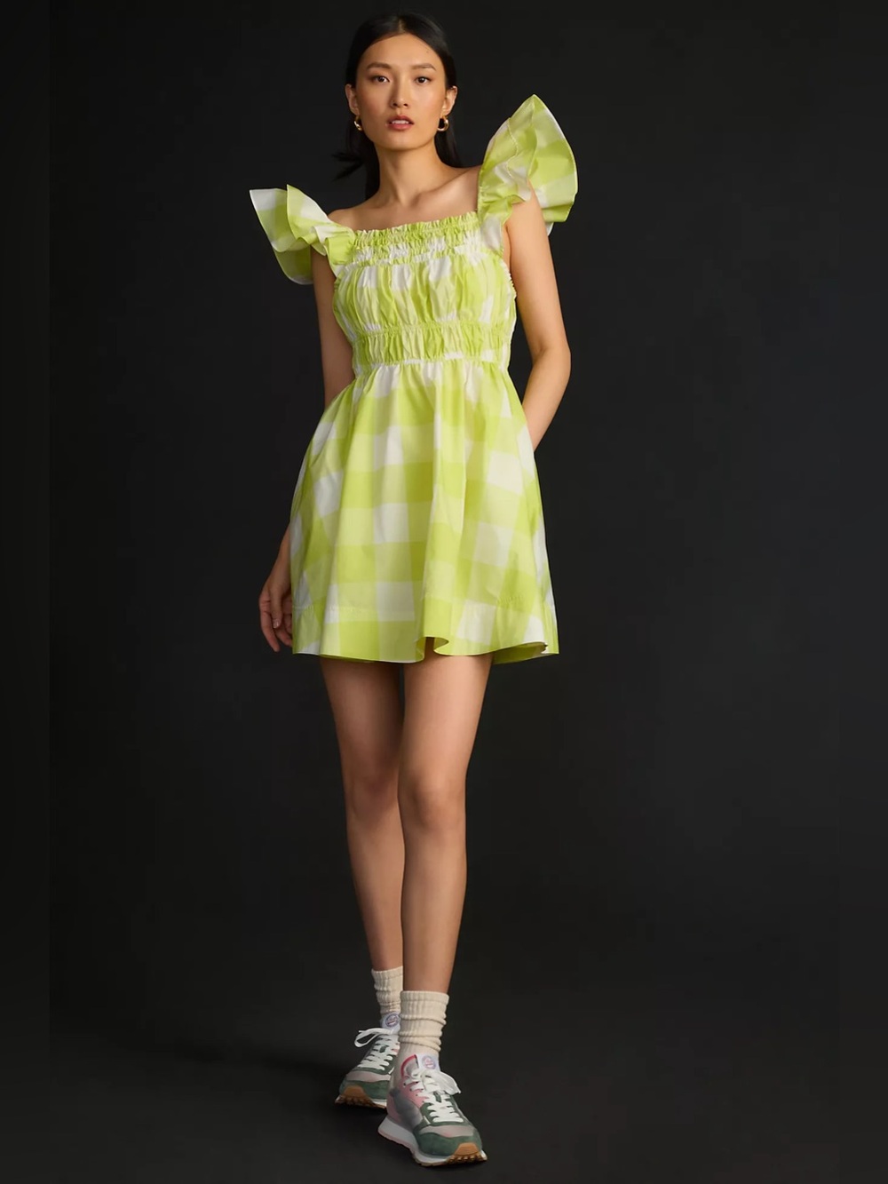 Anthropologie Maeve Square-Neck Flutter-Sleeve Shirred Dress Lime Gingham S